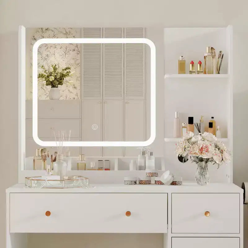 Makeup Vanity with Mirror Vanity Table with Hair Dryer Holder Storage Drawers and Shelves with Upholstered Stool for Bedroom