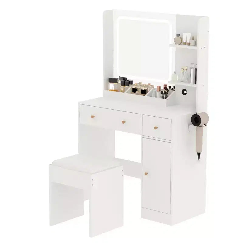 Makeup Vanity with Mirror Vanity Table with Hair Dryer Holder Storage Drawers and Shelves with Upholstered Stool for Bedroom