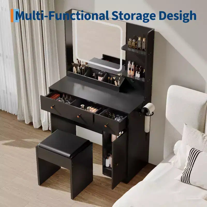 Makeup Vanity with Mirror Vanity Table with Hair Dryer Holder Storage Drawers and Shelves with Upholstered Stool for Bedroom