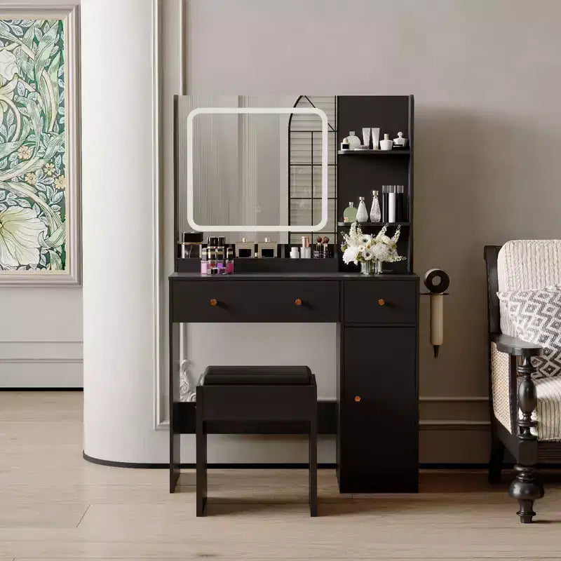 Makeup Vanity with Mirror Vanity Table with Hair Dryer Holder Storage Drawers and Shelves with Upholstered Stool for Bedroom
