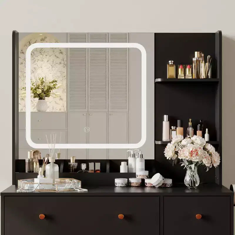 Makeup Vanity with Mirror Vanity Table with Hair Dryer Holder Storage Drawers and Shelves with Upholstered Stool for Bedroom