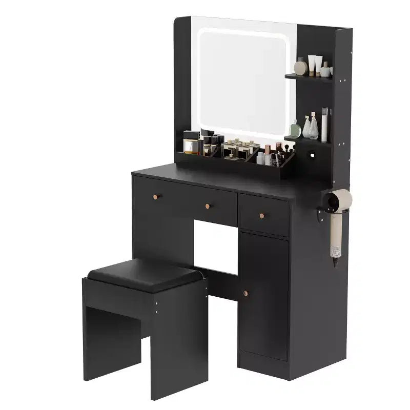 Makeup Vanity with Mirror Vanity Table with Hair Dryer Holder Storage Drawers and Shelves with Upholstered Stool for Bedroom