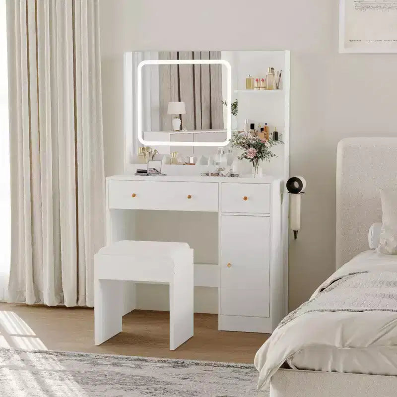 Makeup Vanity with Mirror Vanity Table with Hair Dryer Holder Storage Drawers and Shelves with Upholstered Stool for Bedroom