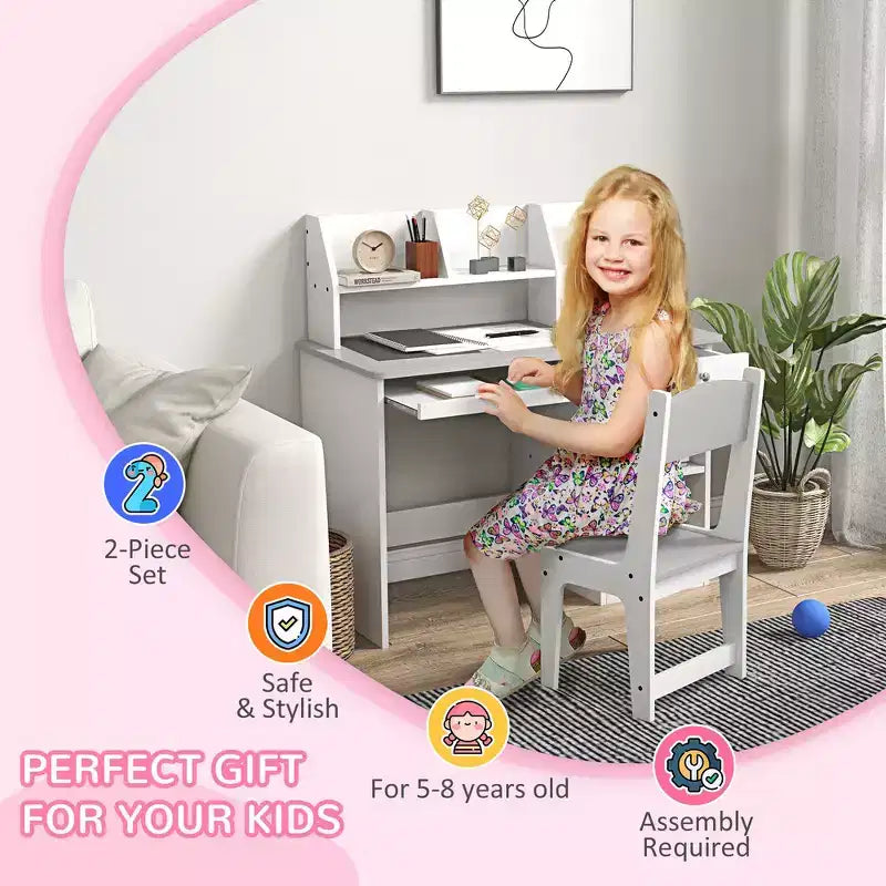 Whisen Kids Desk and Chair Set with Storage, Study Desk with Chair for Children 5-8 Years Old, Gift for Kids - Gray