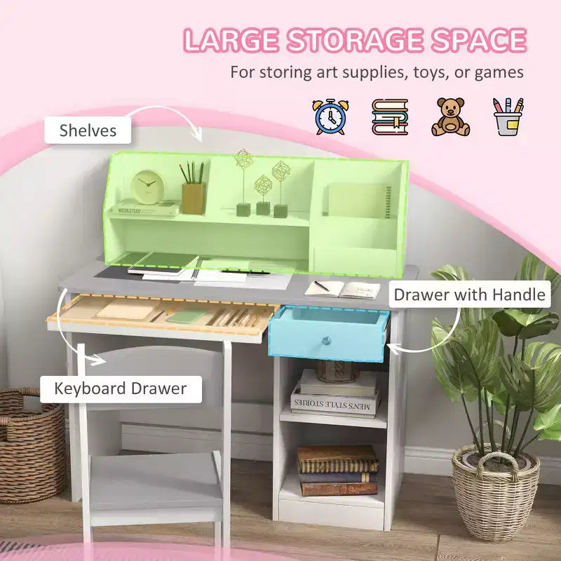Whisen Kids Desk and Chair Set with Storage, Study Desk with Chair for Children 5-8 Years Old, Gift for Kids - Gray
