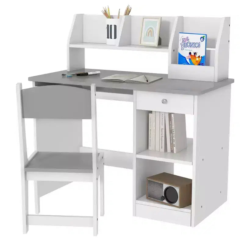 Whisen Kids Desk and Chair Set with Storage, Study Desk with Chair for Children 5-8 Years Old, Gift for Kids - Gray