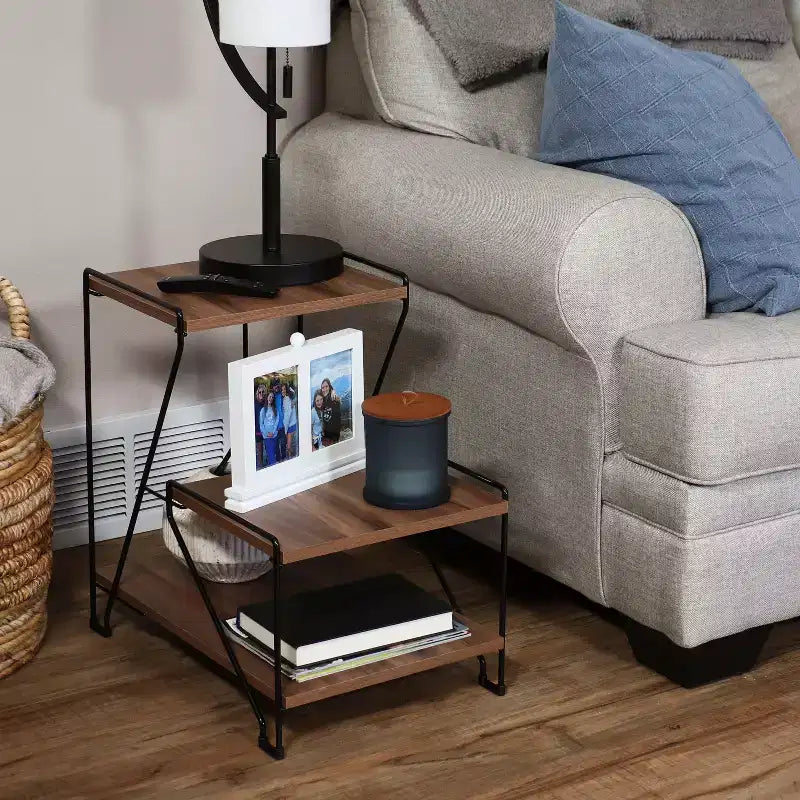 Sunnydaze 3-Tiered Steel Wire Indoor Accent Table with Faux Woodgrain Tabletops - 21 H - Brown