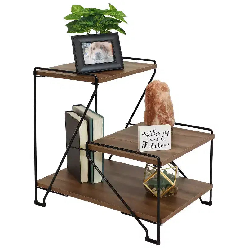 Sunnydaze 3-Tiered Steel Wire Indoor Accent Table with Faux Woodgrain Tabletops - 21 H - Brown